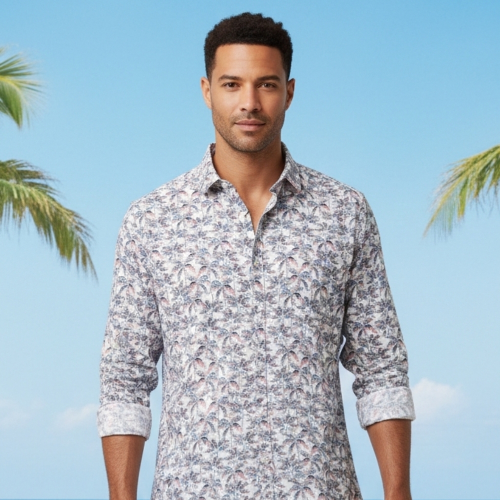 Caribbean Palm Tree Print Men's Shirt - Blue and Red